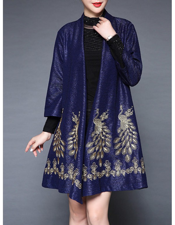 Plus Size Elegant Women Peacock Embroidery Cardigans