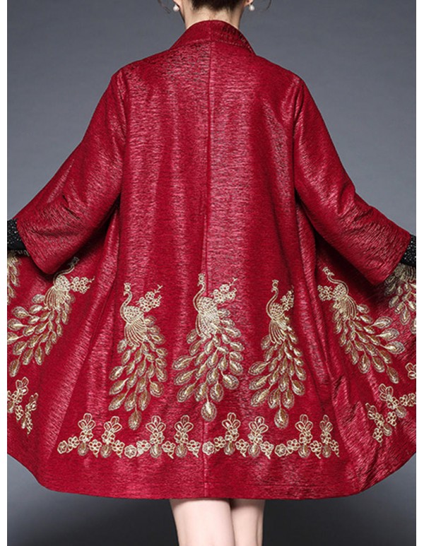 Plus Size Elegant Women Peacock Embroidery Cardigans