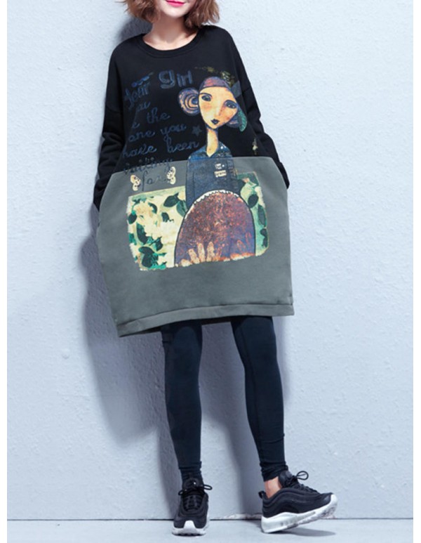 Plus Size Casual Women Cartoon Splicing Thick Sweatshirts