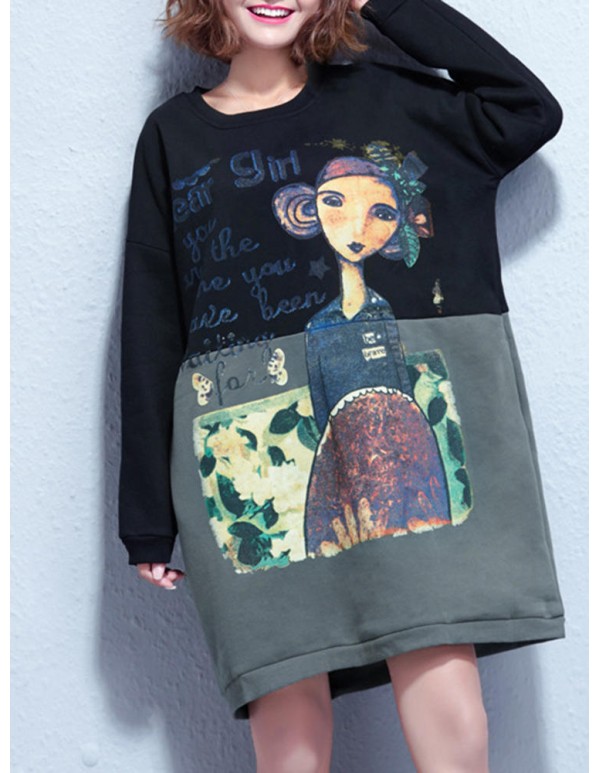 Plus Size Casual Women Cartoon Splicing Thick Sweatshirts