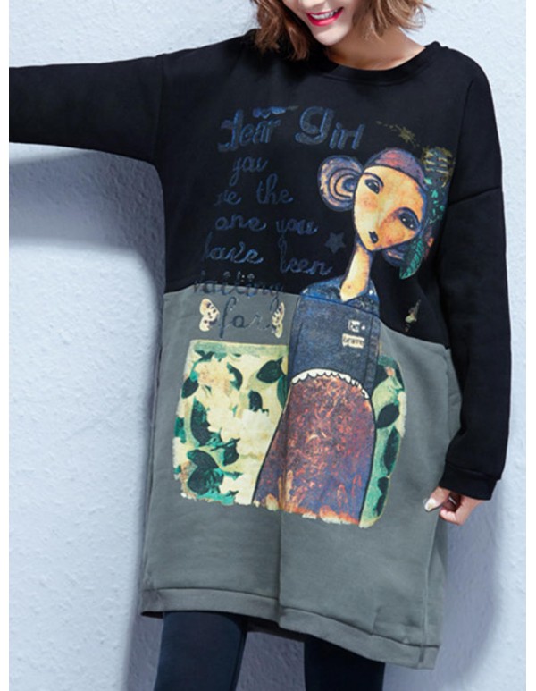 Plus Size Casual Women Cartoon Splicing Thick Sweatshirts
