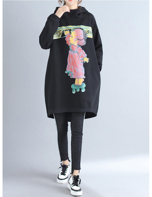 Plus Size Casual Women Cartoon Printed Hooded Thick Sweatshirts