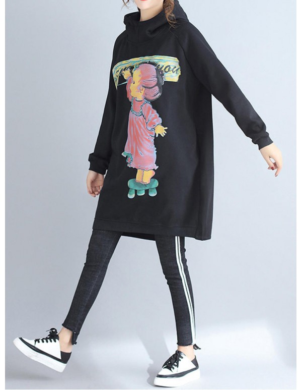 Plus Size Casual Women Cartoon Printed Hooded Thick Sweatshirts