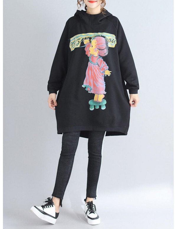 Plus Size Casual Women Cartoon Printed Hooded Thick Sweatshirts