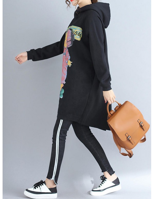 Plus Size Casual Women Cartoon Printed Hooded Thick Sweatshirts