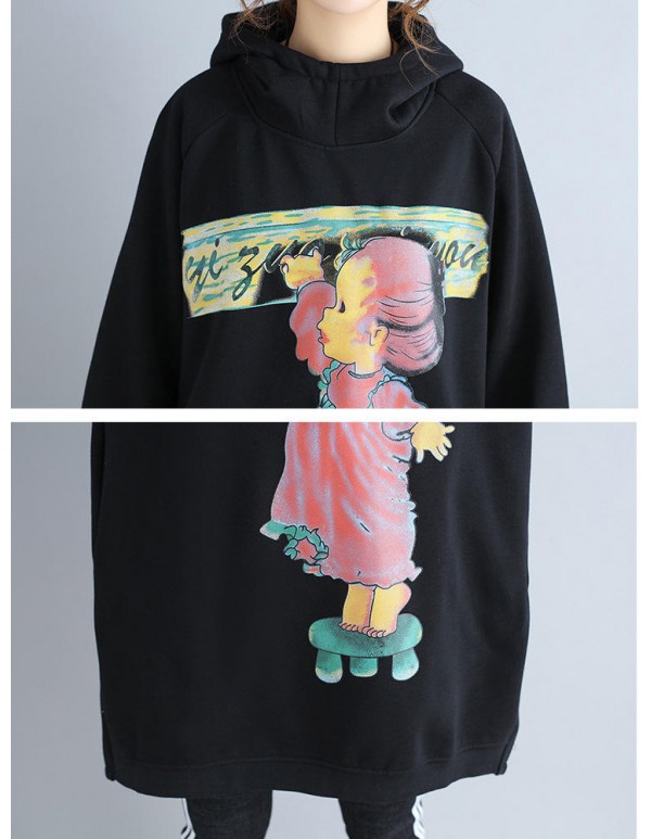 Plus Size Casual Women Cartoon Printed Hooded Thick Sweatshirts