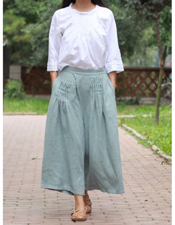 Plus Size Vintage Women Elastic Waist Wide Leg Pants