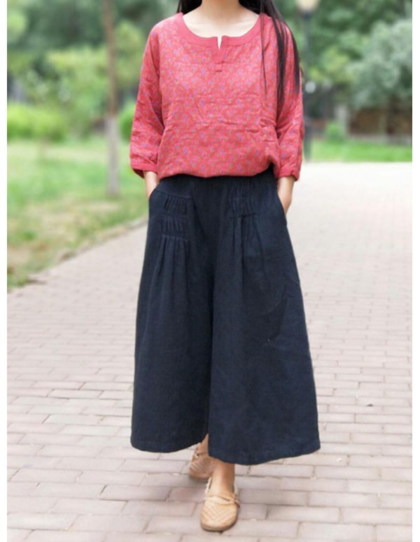Plus Size Vintage Women Elastic Waist Wide Leg Pants