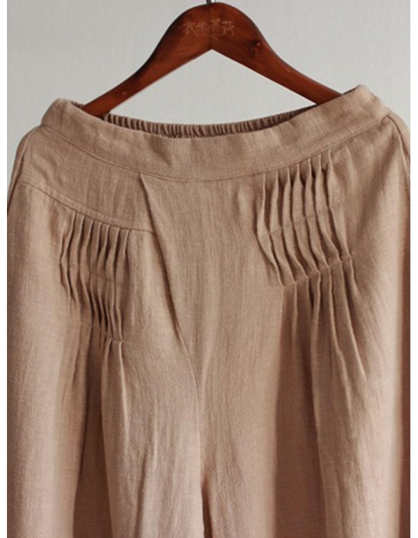 Plus Size Vintage Women Elastic Waist Wide Leg Pants