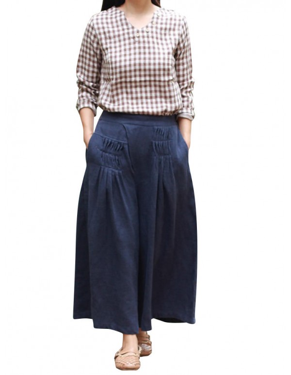 Plus Size Vintage Women Elastic Waist Wide Leg Pants
