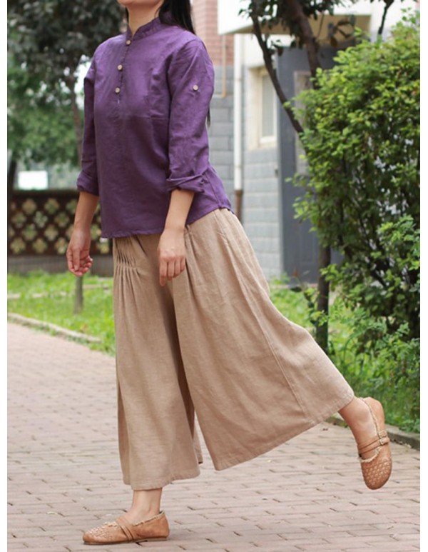 Plus Size Vintage Women Elastic Waist Wide Leg Pants