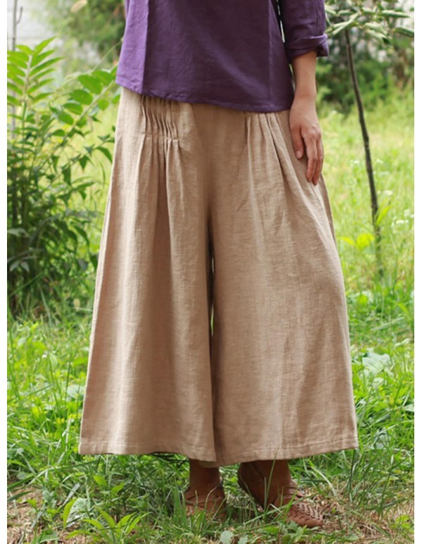 Plus Size Vintage Women Elastic Waist Wide Leg Pants