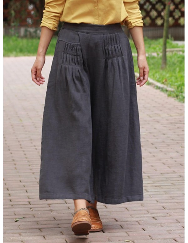 Plus Size Vintage Women Elastic Waist Wide Leg Pants