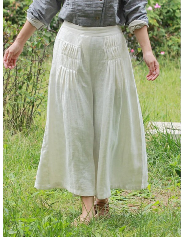 Plus Size Vintage Women Elastic Waist Wide Leg Pants