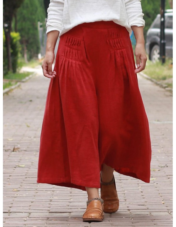 Plus Size Vintage Women Elastic Waist Wide Leg Pants