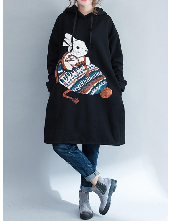 Plus Size Casual Women Rabbit Hooded Fleece Sweatshirts