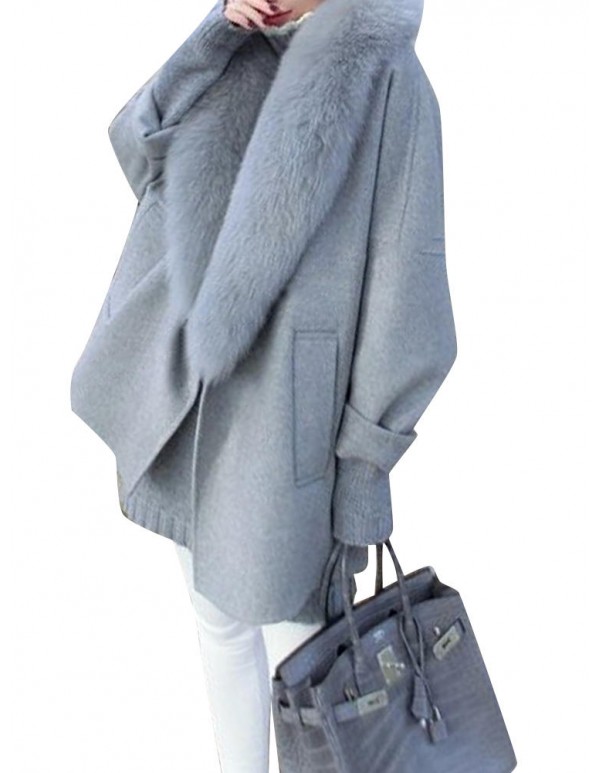 L-4XL Elegant Women Faux Fur Collar Woolen Coats