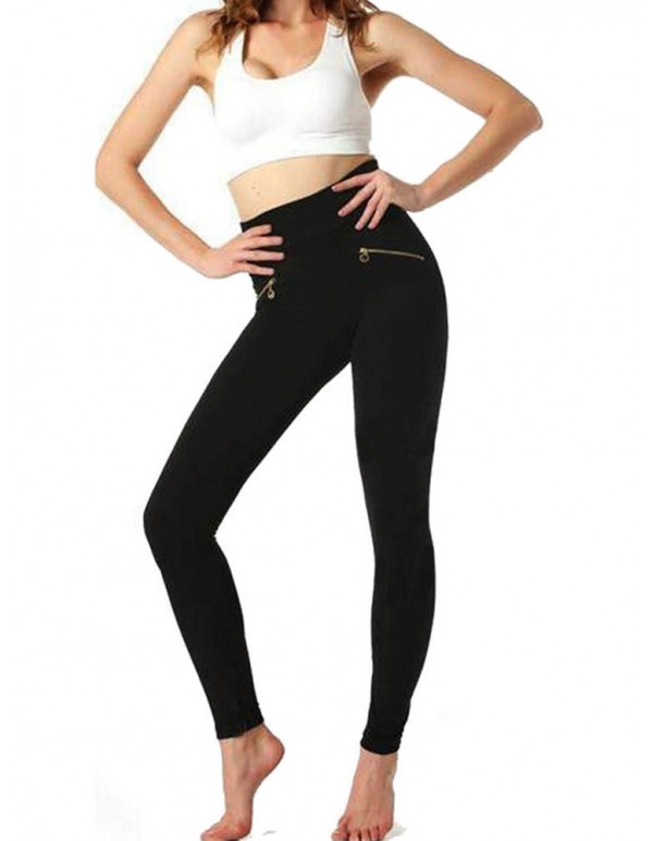 Women Elastic Stretchy High Waist Decorated Zippers Casual Long Pants