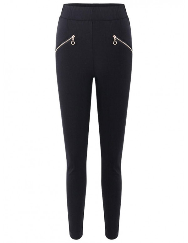 Women Elastic Stretchy High Waist Decorated Zippers Casual Long Pants