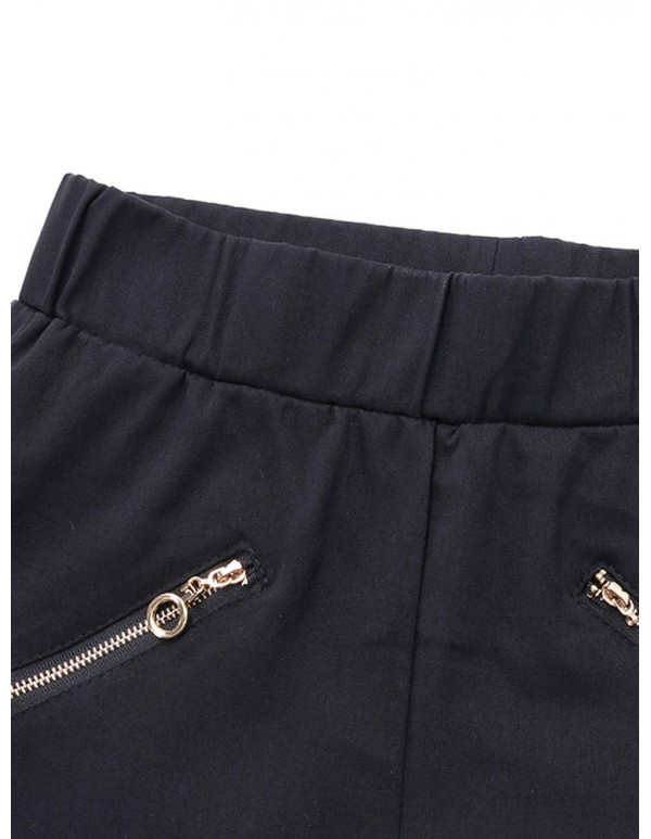 Women Elastic Stretchy High Waist Decorated Zippers Casual Long Pants