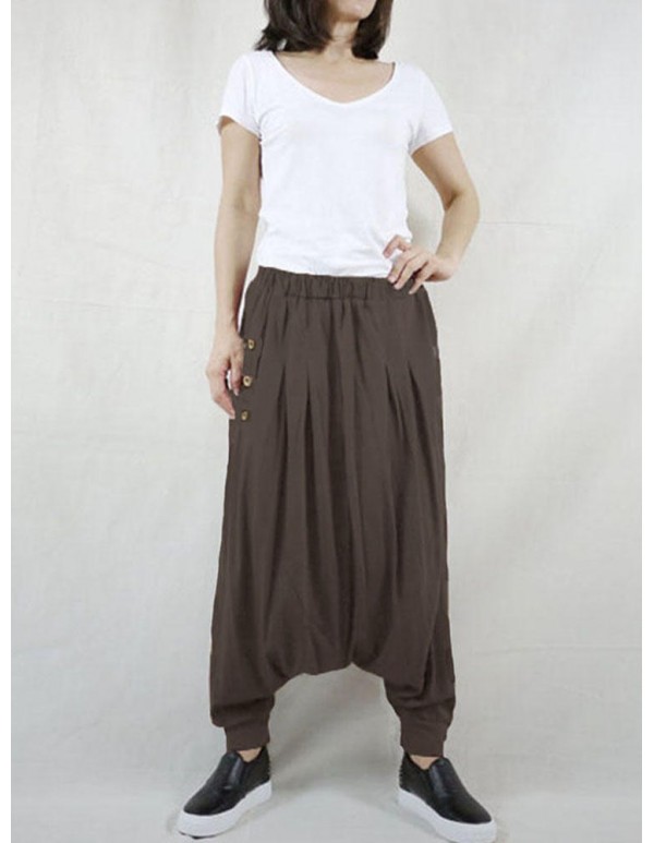 M-5XL Casual Women Button Cotton Harem Pants