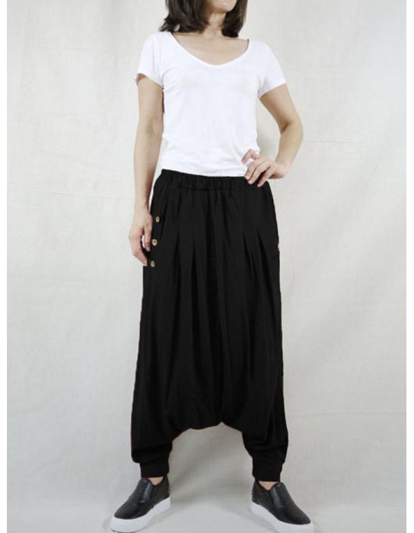 M-5XL Casual Women Button Cotton Harem Pants