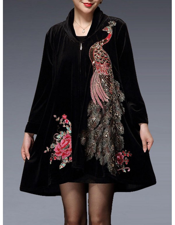 S-5XL Elegant Women Peacock Embroidery Coats