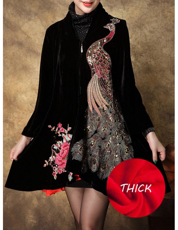 S-5XL Elegant Women Peacock Embroidery Coats