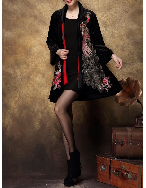 S-5XL Elegant Women Peacock Embroidery Coats