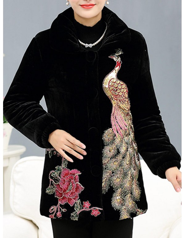 L-4XL Elegant Women Peacock Embroidery Coats