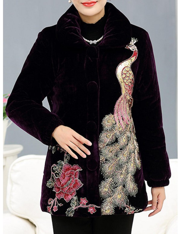 L-4XL Elegant Women Peacock Embroidery Coats