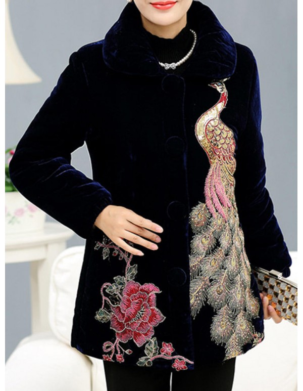 L-4XL Elegant Women Peacock Embroidery Coats