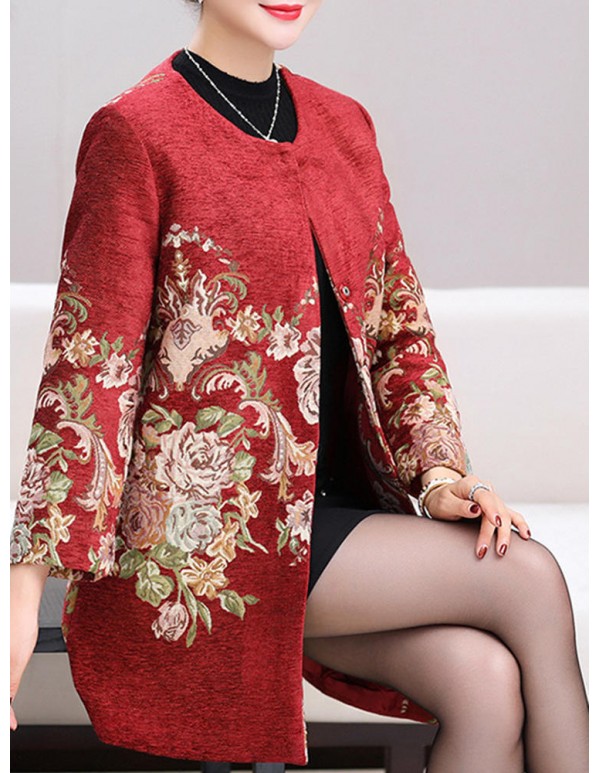 Plus Size Elegant Women Floral Printed Woolen Coats