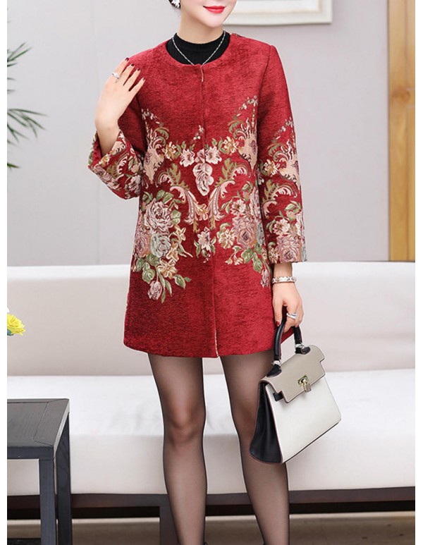 Plus Size Elegant Women Floral Printed Woolen Coats