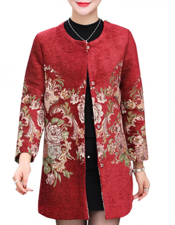 Plus Size Elegant Women Floral Printed Woolen Coats