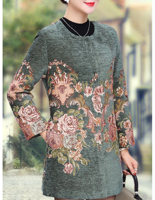 Plus Size Elegant Women Floral Printed Woolen Coats
