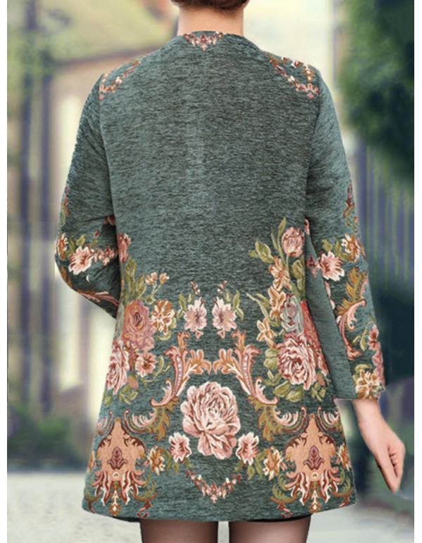 Plus Size Elegant Women Floral Printed Woolen Coats