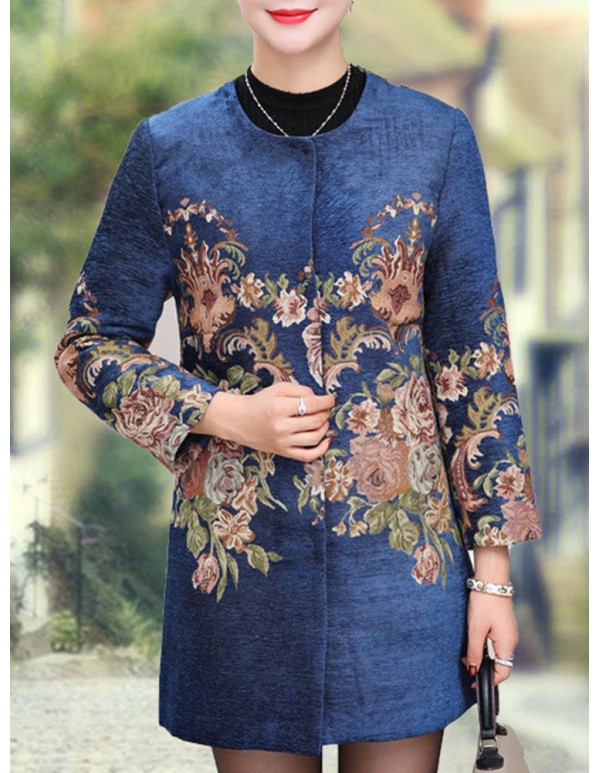 Plus Size Elegant Women Floral Printed Woolen Coats