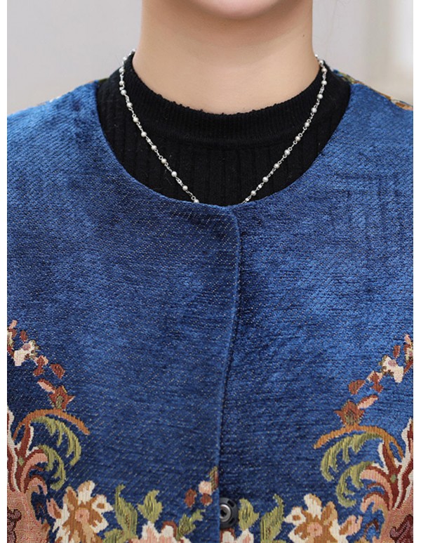 Plus Size Elegant Women Floral Printed Woolen Coats
