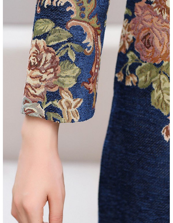 Plus Size Elegant Women Floral Printed Woolen Coats