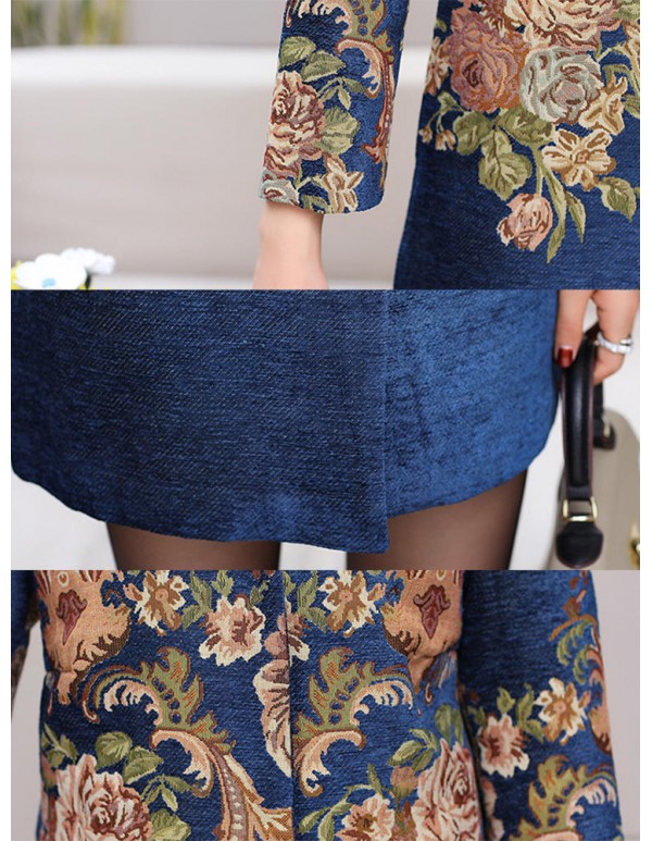 Plus Size Elegant Women Floral Printed Woolen Coats