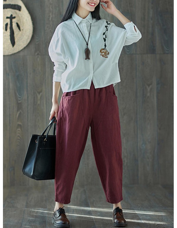 Women Vintage Cotton Linen Elastic Waist Harem Pants with Pockets