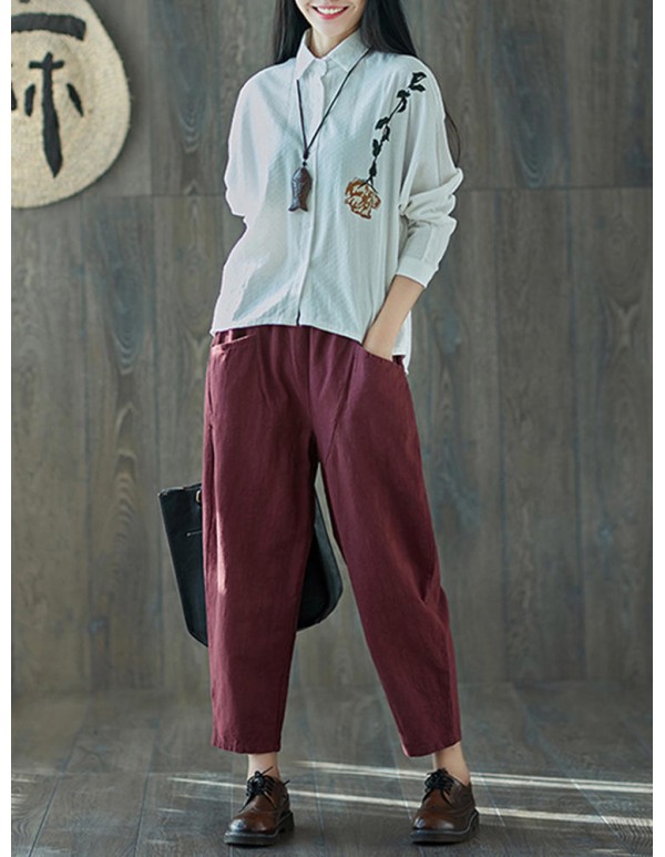 Women Vintage Cotton Linen Elastic Waist Harem Pants with Pockets