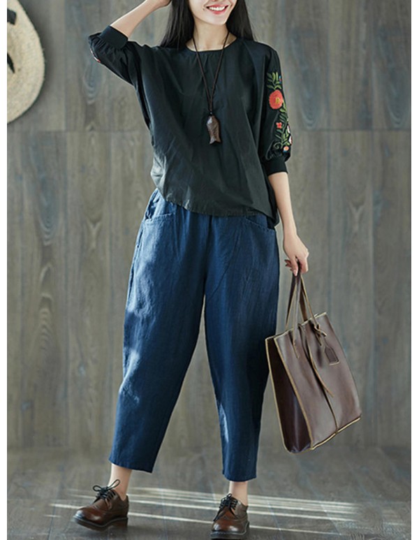 Women Vintage Cotton Linen Elastic Waist Harem Pants with Pockets
