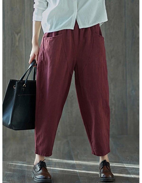 Women Vintage Cotton Linen Elastic Waist Harem Pants with Pockets