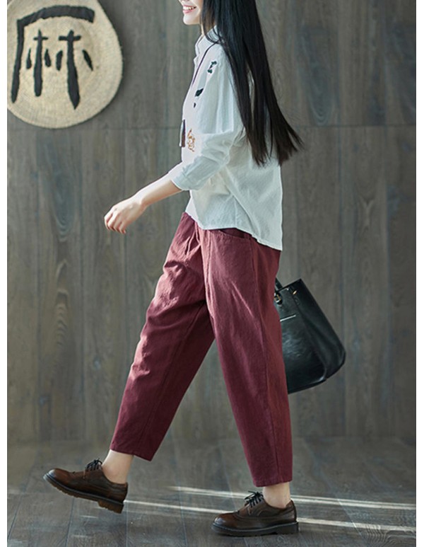 Women Vintage Cotton Linen Elastic Waist Harem Pants with Pockets