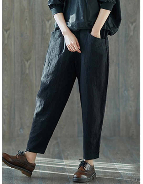 Women Vintage Cotton Linen Elastic Waist Harem Pants with Pockets