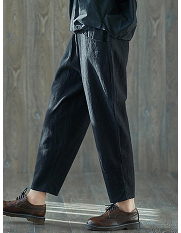 Women Vintage Cotton Linen Elastic Waist Harem Pants with Pockets