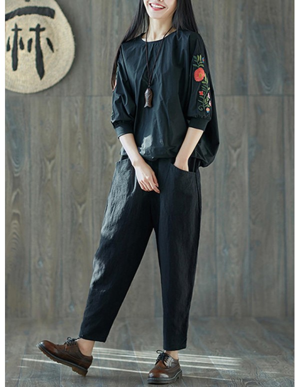 Women Vintage Cotton Linen Elastic Waist Harem Pants with Pockets