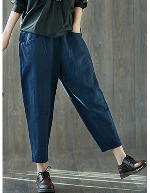 Women Vintage Cotton Linen Elastic Waist Harem Pants with Pockets